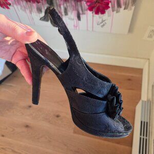 Black lace motif & rosette stiletto heels dressy leather shoes